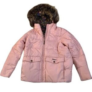 Barbour Pink Puffer Hooded Jacket Faux Fur‎ Hooded Kids Girls Sz XL 12/13 READ